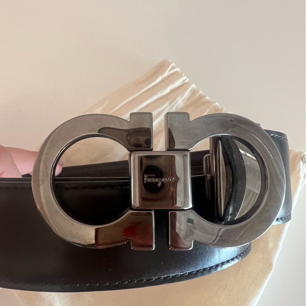 Salvatore Ferragamo Reversible Leather Belt with Double Gancini Gunmetal Buckle